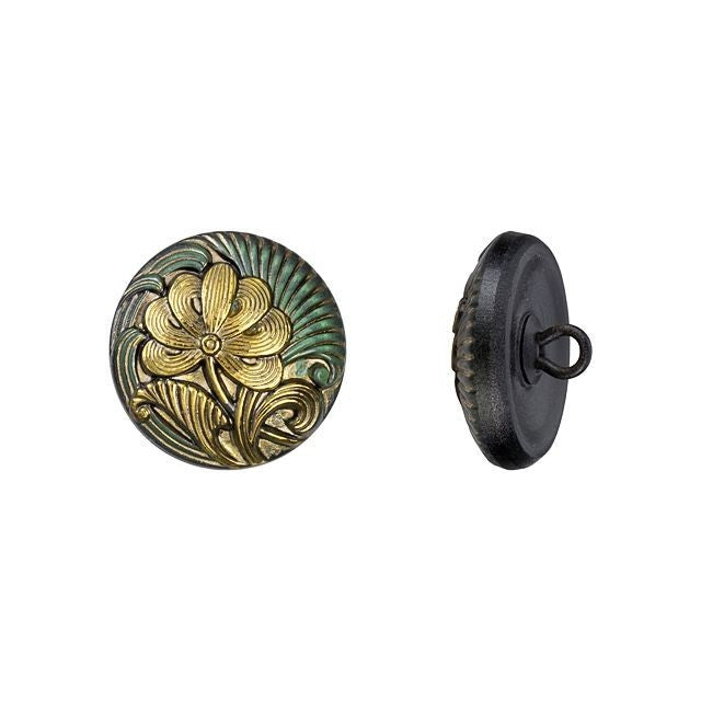 Czech Glass 18mm Round Flower Design Tourmaline Green Antiqued with Gold Paint Glass Button by Raven's Journey