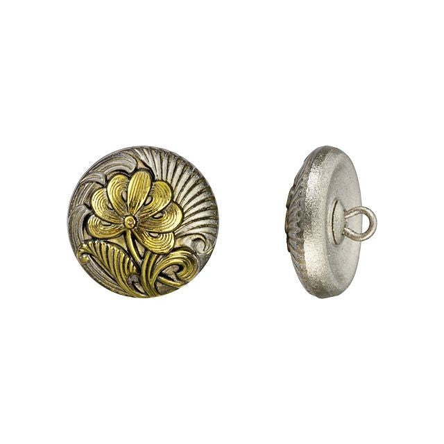 Czech Glass 18mm Round Flower Design White Bronze Antiqued with Gold Paint Glass Button by Raven's Journey