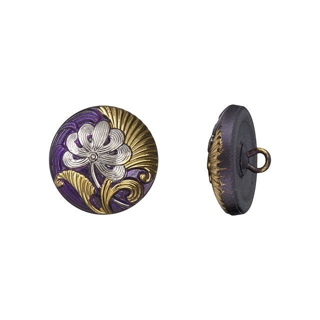 Czech Glass 18mm Round Flower Design Purple with Gold and Silver Paint Glass Button by Raven's Journey