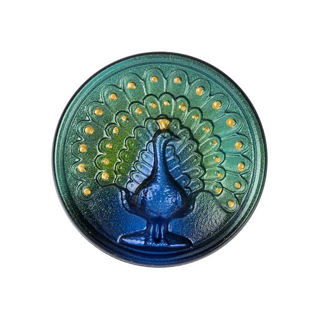 Czech Glass 33mm Round Peacock Blue, Aqua, and Green with Gold Painted Detail Glass Button by Raven's Journey