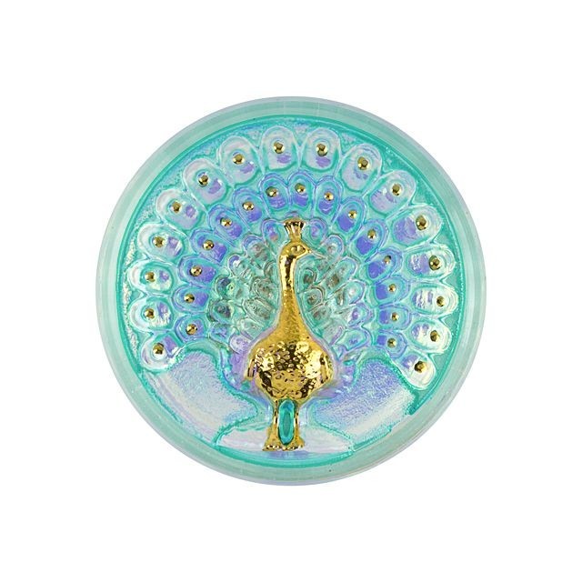 Czech Glass 33mm Round Peacock Iridescent with Turquoise Wash and Gold Detail Glass Button by Raven's Journey