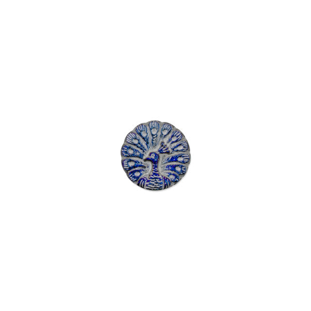 Czech Glass 18mm Round Peacock Blue Luster with Silver Wash Button by Raven's Journey