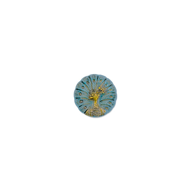 Czech Glass 18mm Round Peacock Aqua Antiqued with Gold Paint Button by Raven's Journey