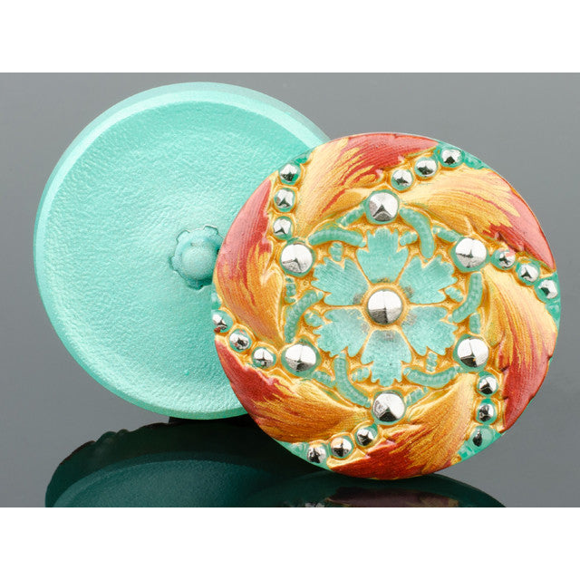 Czech Glass 32mm Marcasite Flower Light Aqua Green Center with Red/Gold Edging and Platinum Paint Button by Raven's Journey