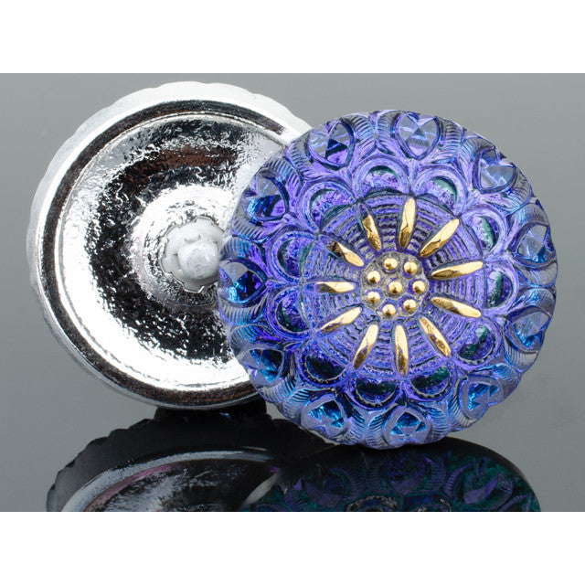 Czech Glass 27mm Round Lacy Flower Electric Blue and Purple with Gold Paint Button by Raven's Journey