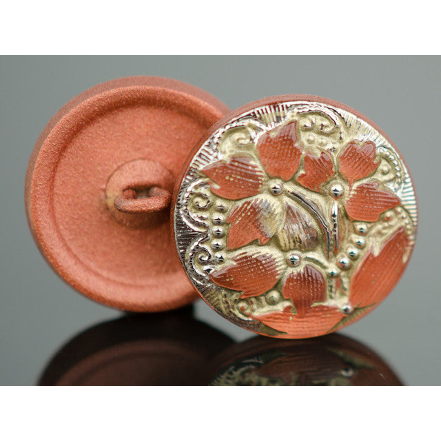 Czech Glass 18mm Round Lacy 3 Flower Design Copper Orange Antiqued with Platinum Paint Button by Raven's Journey