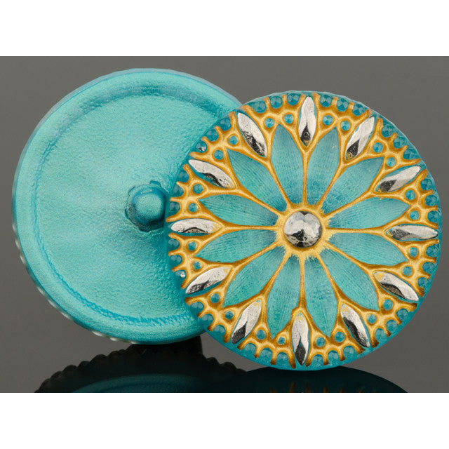 Czech Glass 32mm Round Daisy Aqua Green with Gold Wash and Platinum Paint Button by Raven's Journey