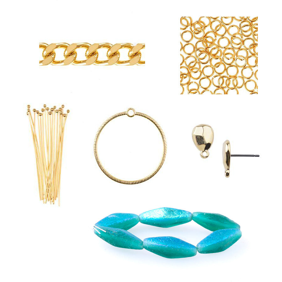DIY Rhombus Czech Glass Bead Earrings – Gold and Emerald
