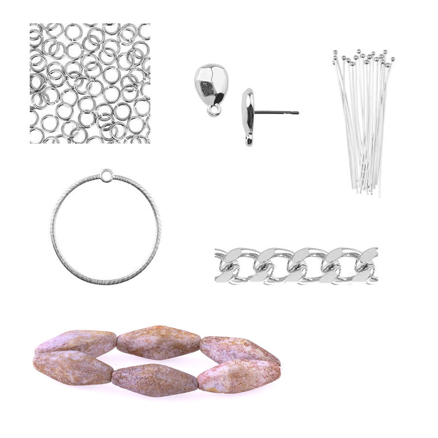 DIY Rhombus Czech Glass Bead Earrings – Silver and Lavender