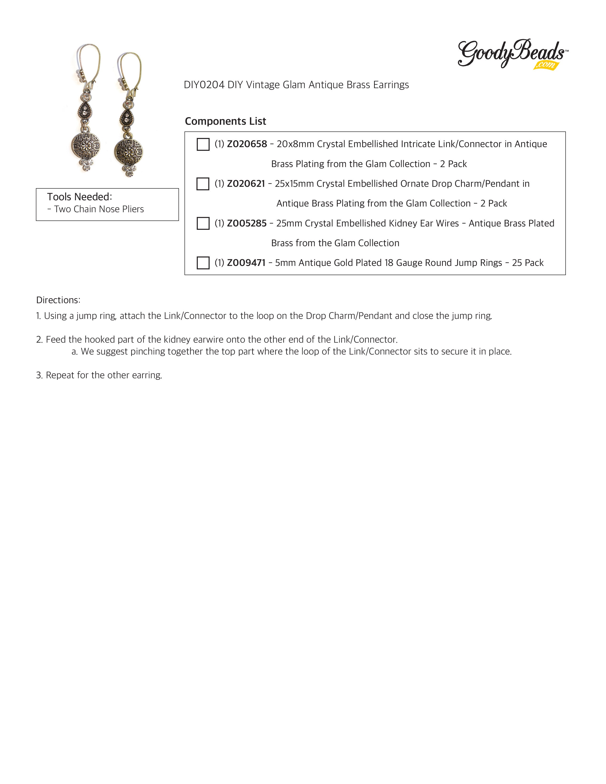 INSTRUCTIONS for DIY Vintage Glam Antique Brass Earrings