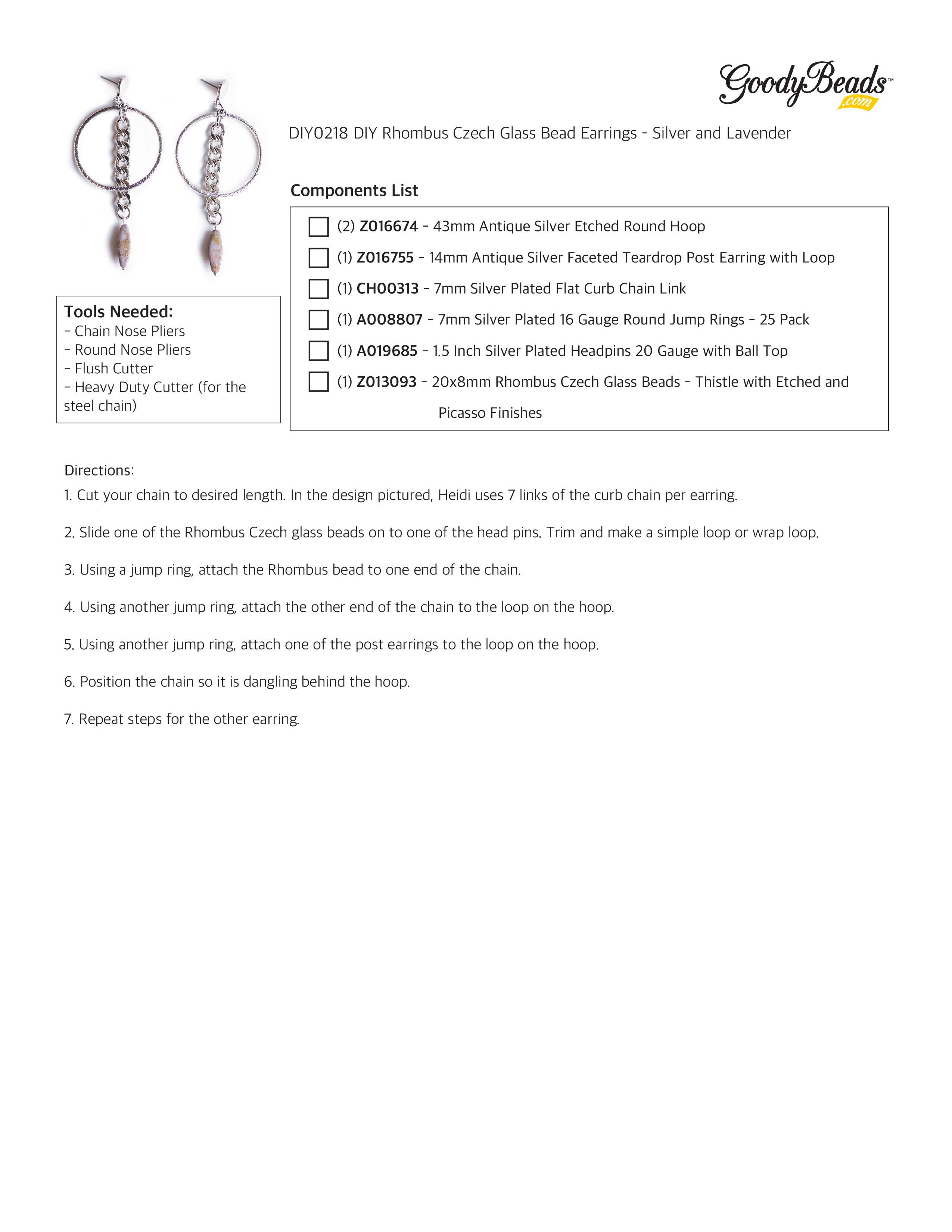 INSTRUCTIONS for DIY Rhombus Czech Glass Bead Earrings – Silver and Lavender
