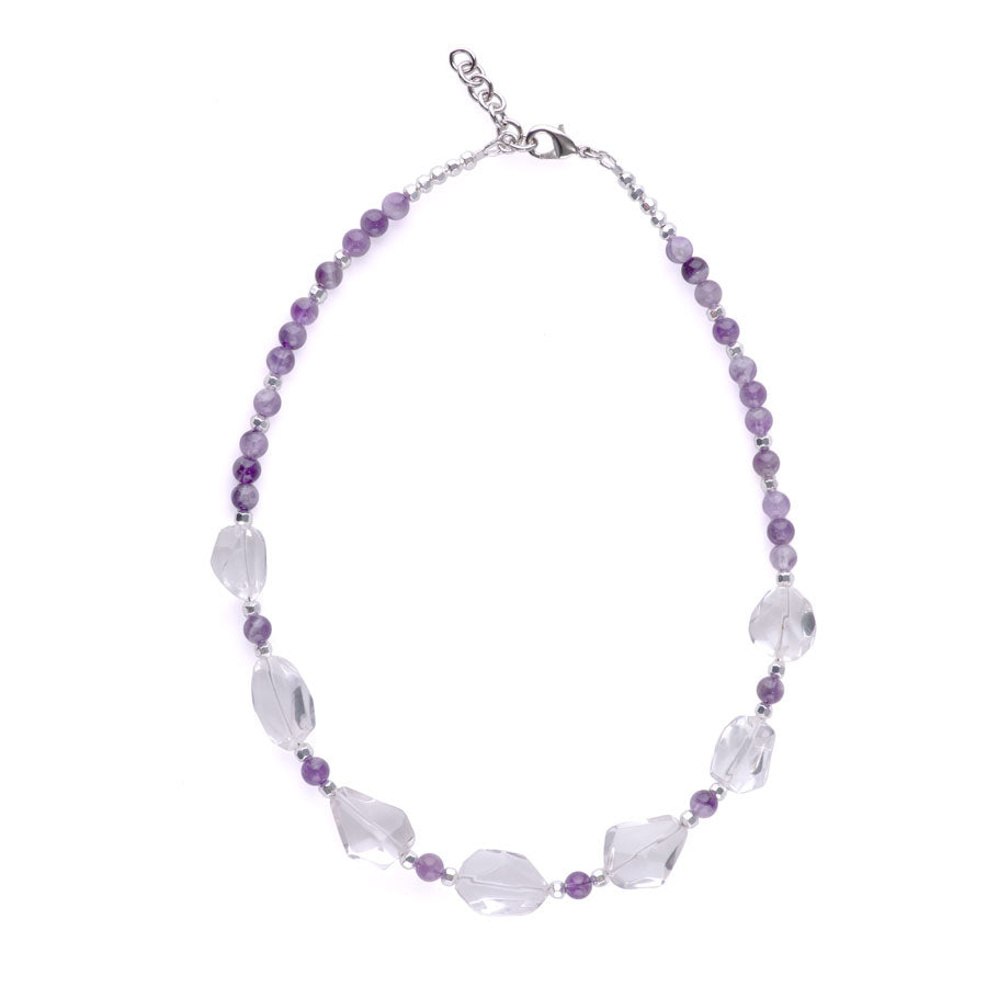 Limited Edition Crystal Quartz Nugget with Gemstones and Hematite Beads Necklace - Dog Teeth Amethyst and Silver