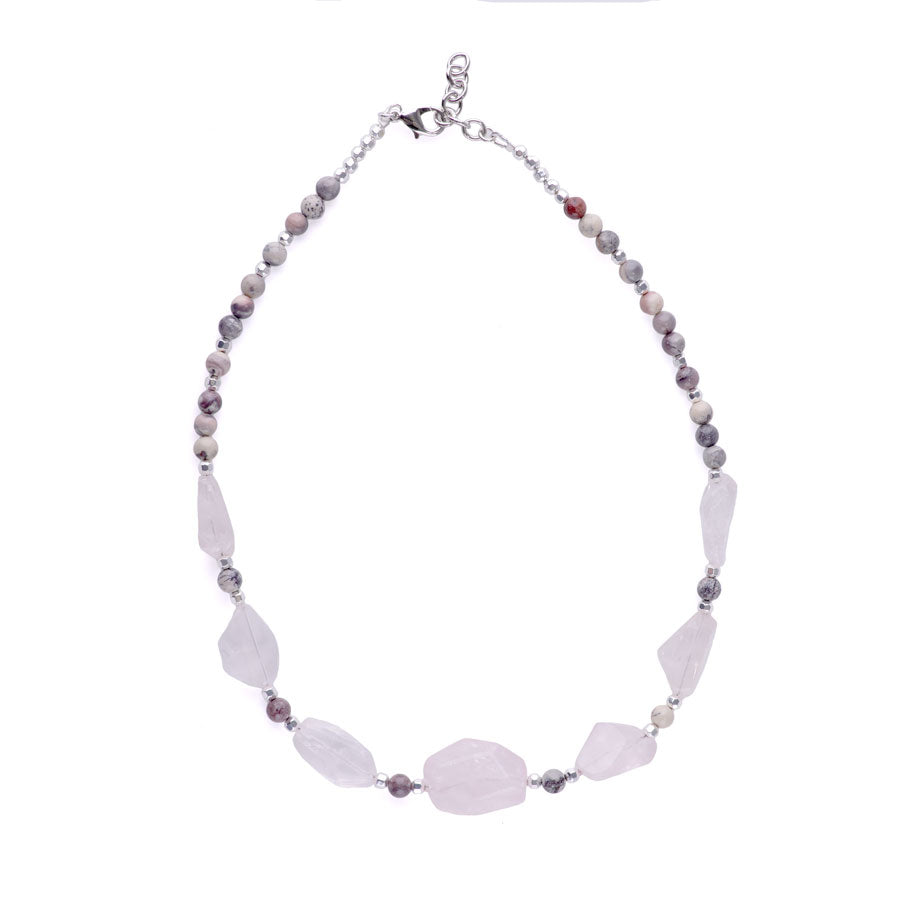 Limited Edition Rose Quartz Nugget with Gemstones and Hematite Beads Necklace - Porcelain Jasper and Silver