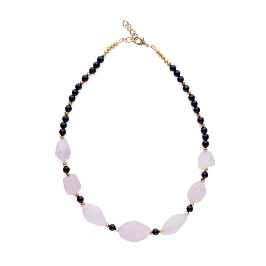 Limited Edition Rose Quartz Nugget with Gemstones and Hematite Beads Necklace -  Matte Onyx and Gold