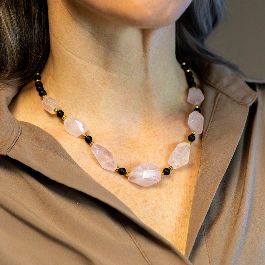 Limited Edition Rose Quartz Nugget with Gemstones and Hematite Beads Necklace -  Matte Onyx and Gold