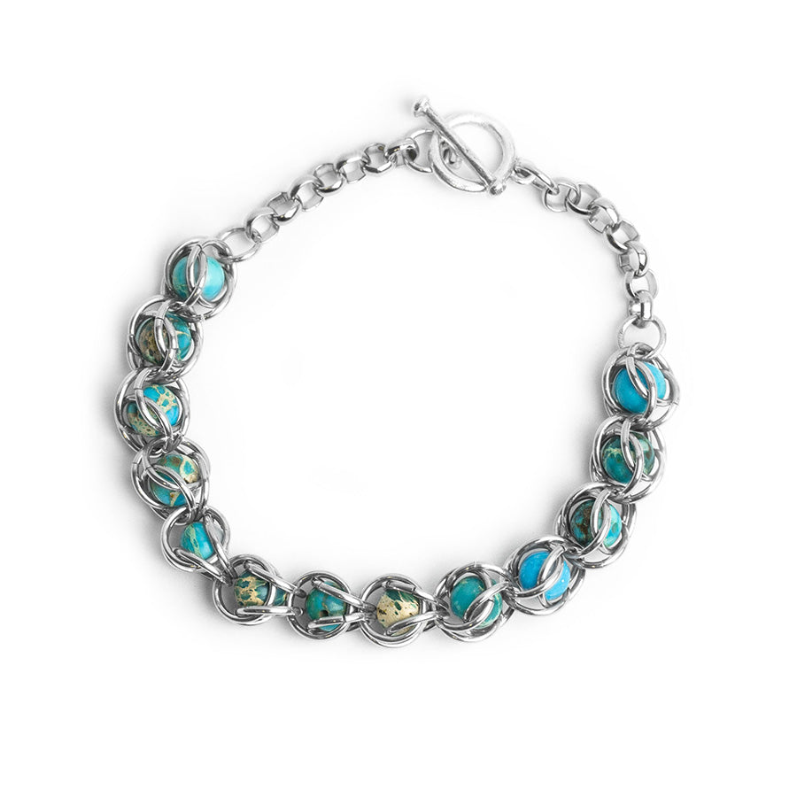 Captured Chain Maille Bracelet - Silver and Aqua Impression Jasper