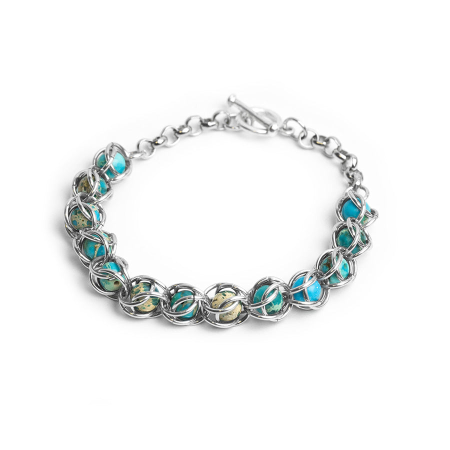 Captured Chain Maille Bracelet - Silver and Aqua Impression Jasper