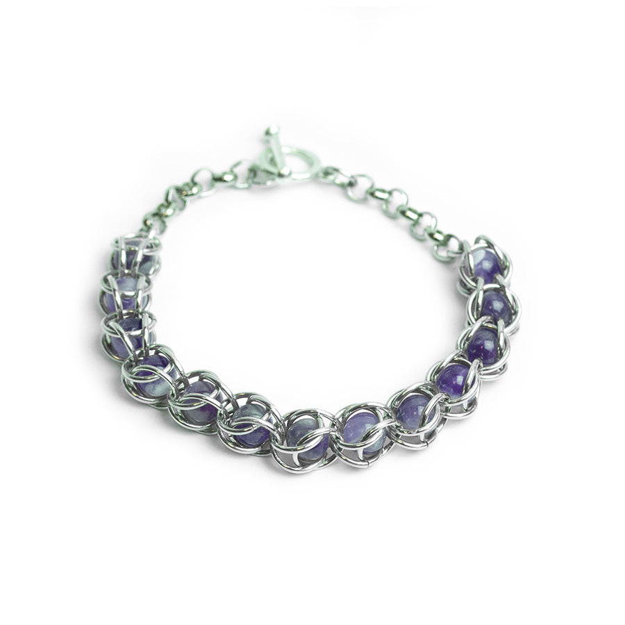 Captured Chain Maille Bracelet - Silver and Dog Teeth Amethyst