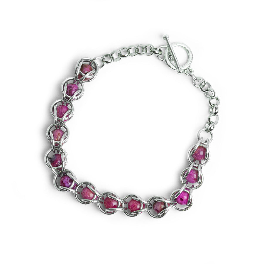 Captured Chain Maille Bracelet - Silver and Pink Crazy Lace