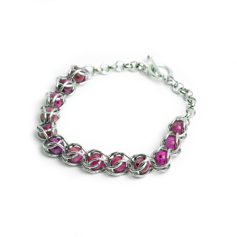 Captured Chain Maille Bracelet - Silver and Pink Crazy Lace