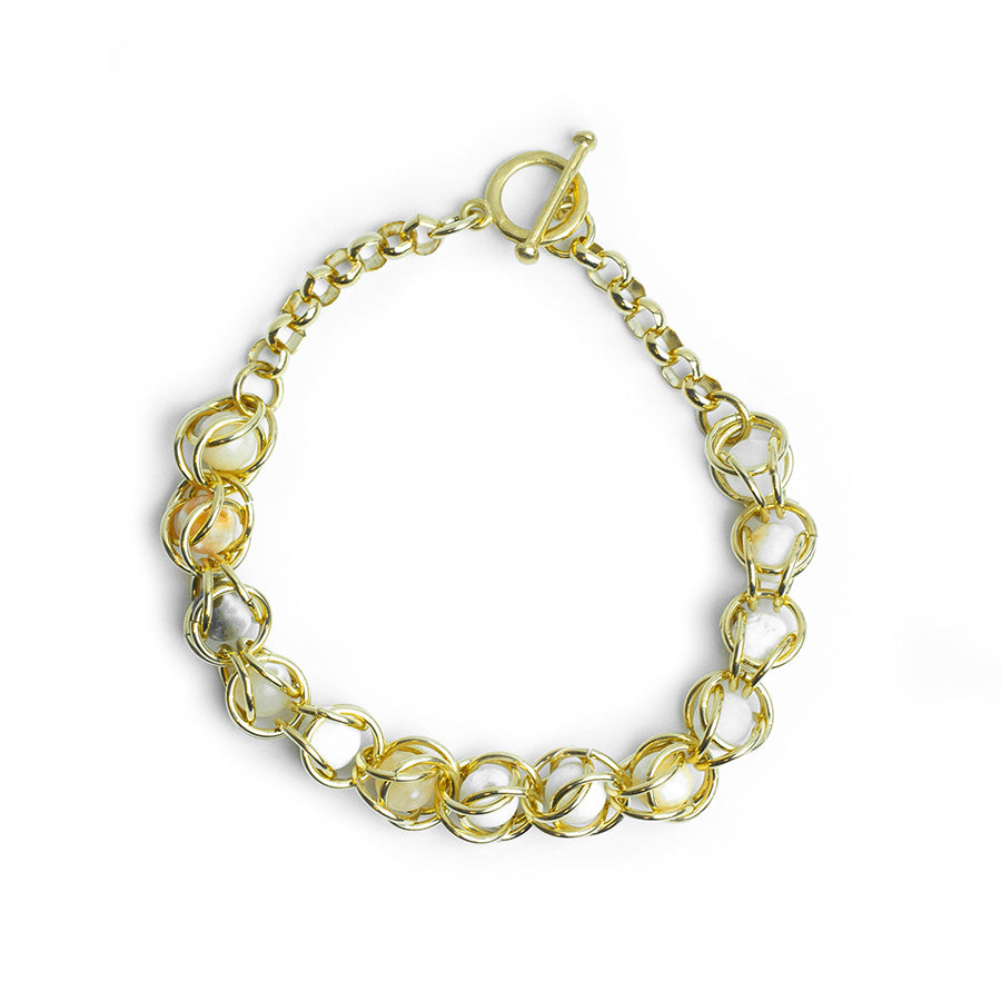 Captured Chain Maille Bracelet - Gold and White Porcelain Agate