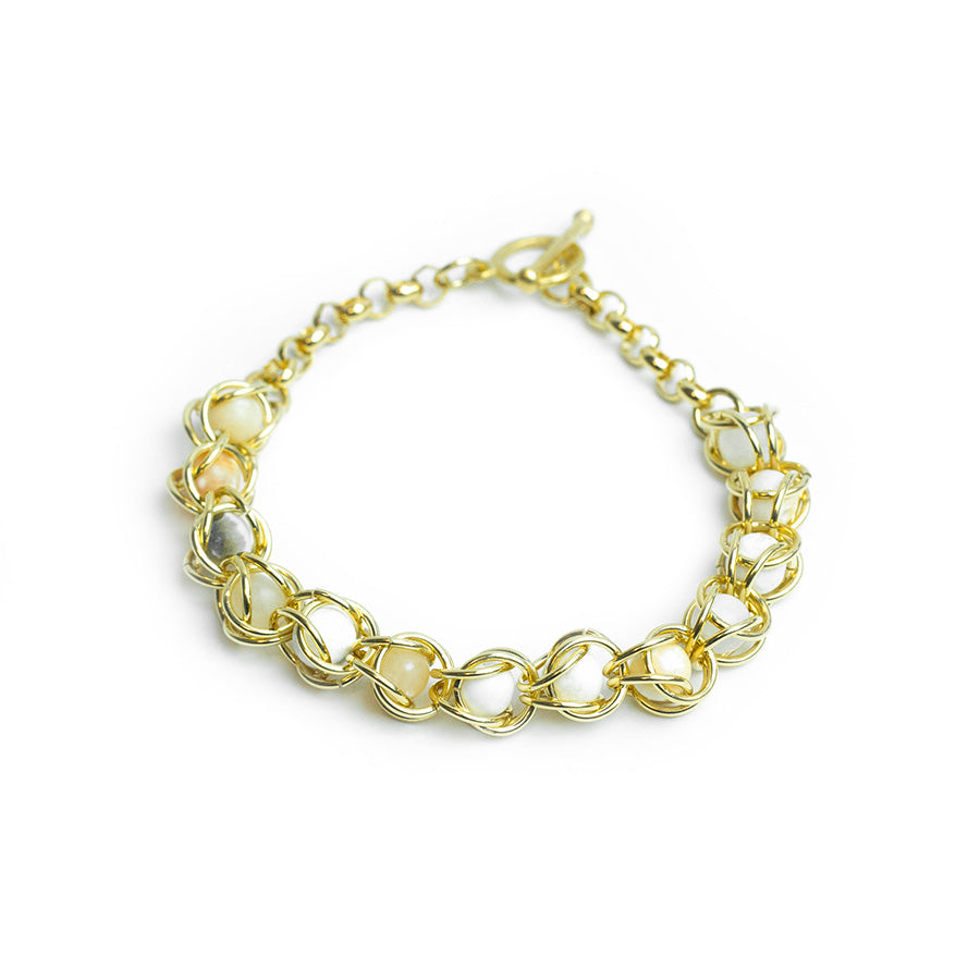 Captured Chain Maille Bracelet - Gold and White Porcelain Agate