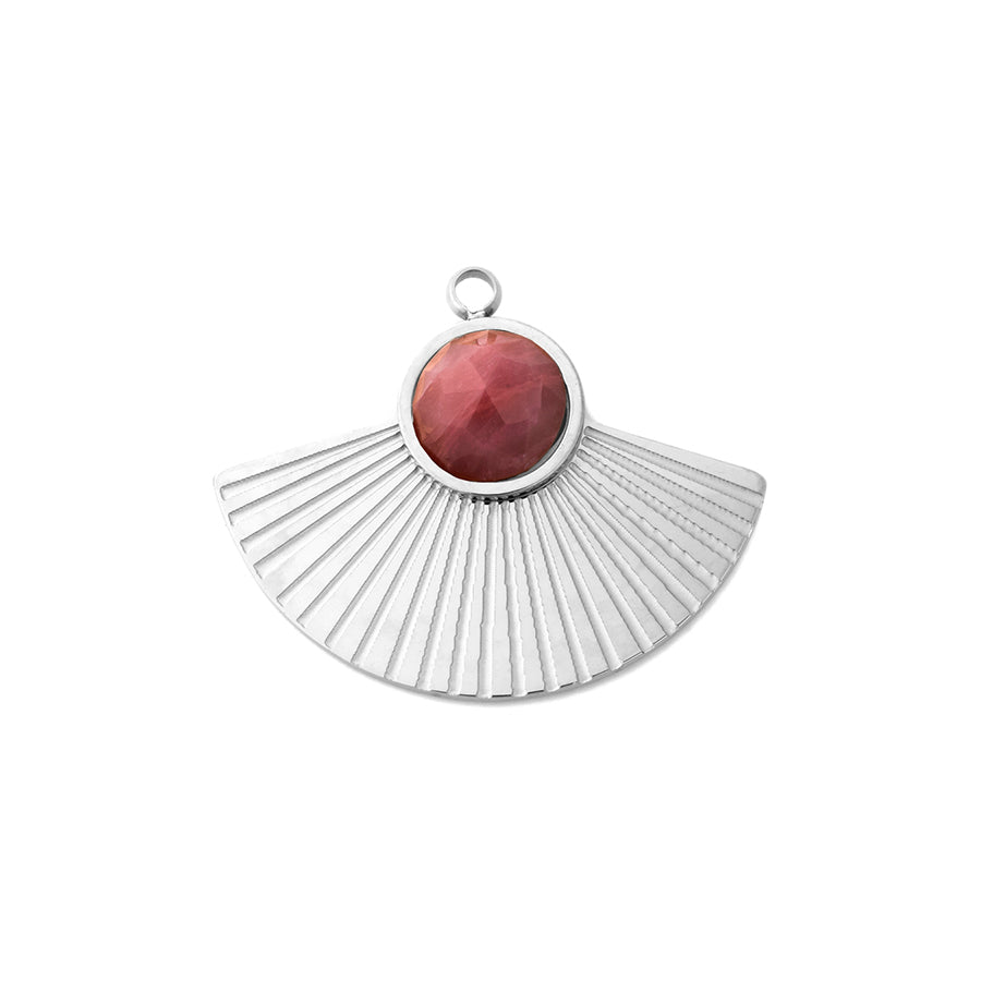 20x24mm Fan Charm/Pendant with Gemstone from the Deco Collection - Rhodium Plated with Rhodonite