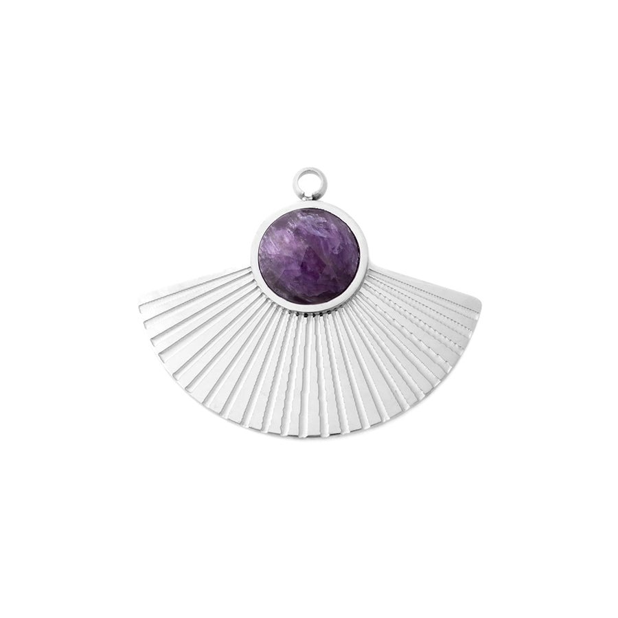 20x24mm Fan Charm/Pendant with Gemstone from the Deco Collection - Rhodium Plated with Amethyst