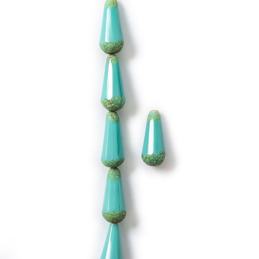 20x9 Faceted Dangle Drop Czech Glass Bead - Sea Green with Picasso and Etched Finish