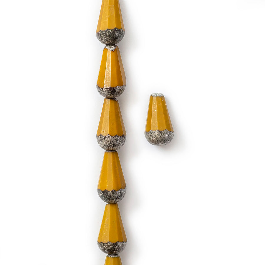 15x8 Faceted Dangle Drop Czech Glass Bead - Yellow Gold with an Antique Silver Finish