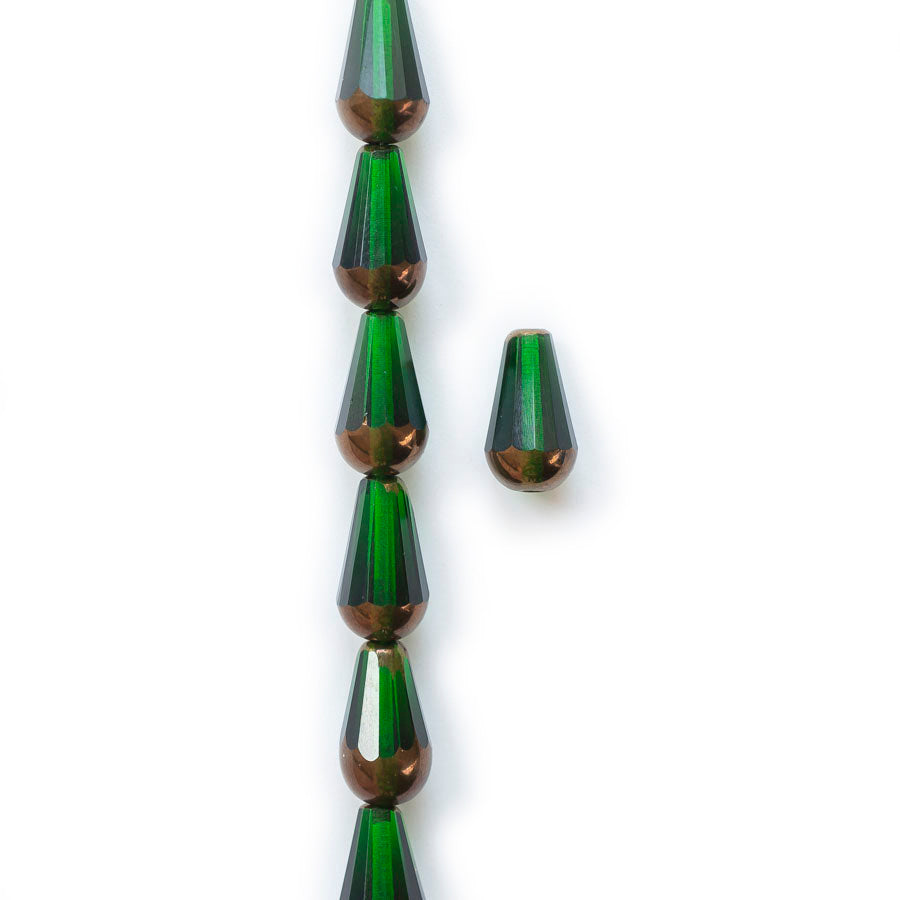 15x8 Faceted Dangle Drop Czech Glass Bead - Green with a Bronze Finish