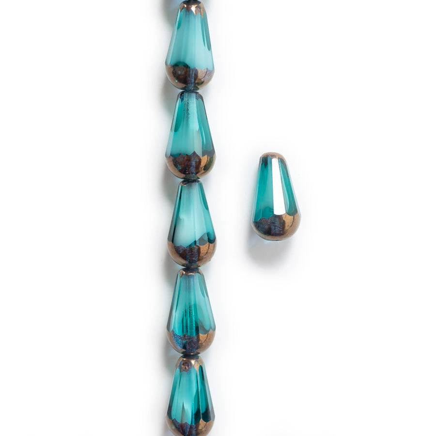 15x8 Faceted Dangle Drop Czech Glass Bead - Sky Blue with a Bronze Finish