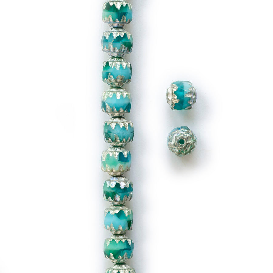 6mm Cathedral Czech Glass Fire Polish Bead - Sea Green, Teal, Green, and Sky Blue with Antique Silver and AB Finish