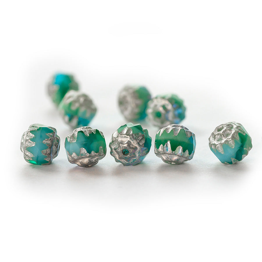 6mm Cathedral Czech Glass Fire Polish Bead - Sea Green, Teal, Green, and Sky Blue with Antique Silver and AB Finish