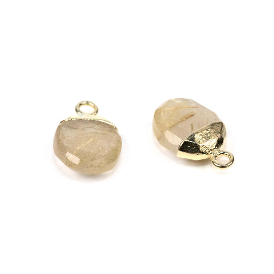 12.5mm Oval Gemstone Gold Electroplated Charm - Rutilated Quartz (2 Pieces)