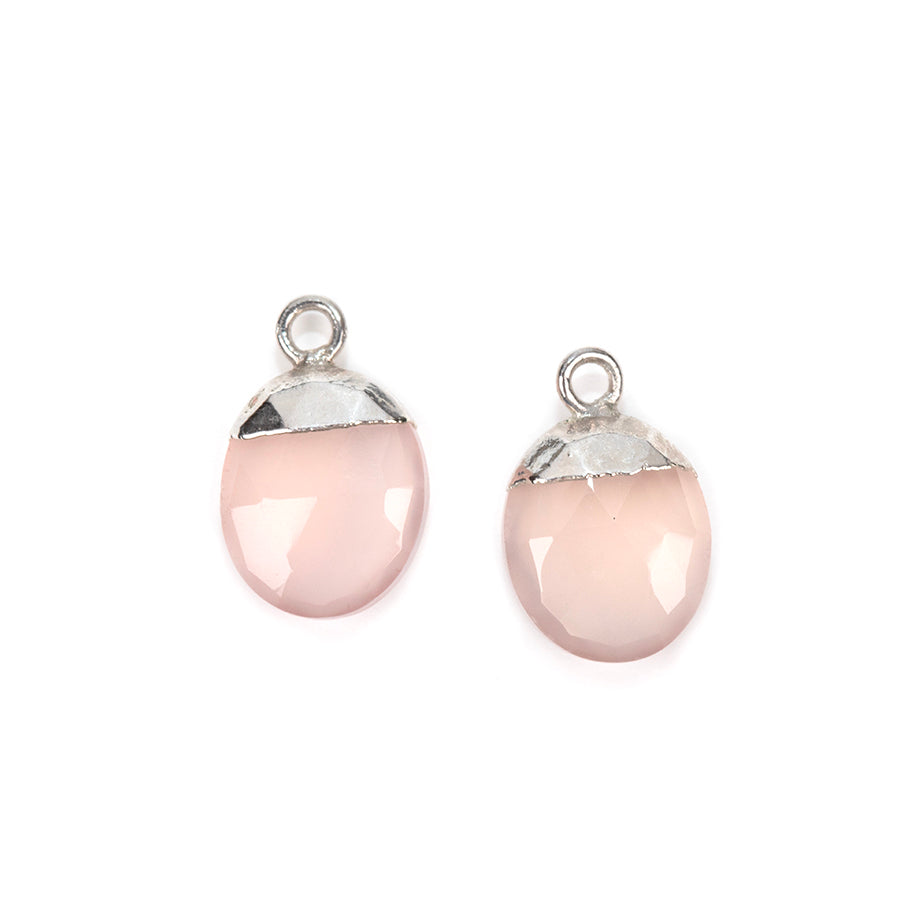 12.5mm Oval Gemstone Silver Electroplated Charm - Pink Chalcedony (1 Pair)