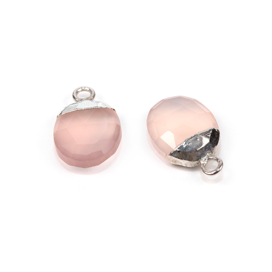 12.5mm Oval Gemstone Silver Electroplated Charm - Pink Chalcedony (2 Pieces)