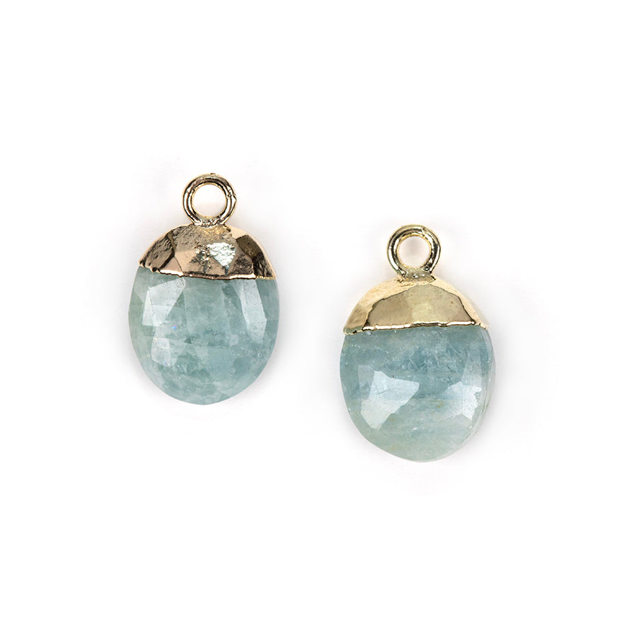 12.5mm Oval Gemstone Gold Electroplated Charm - Aquamarine (2 Pieces)
