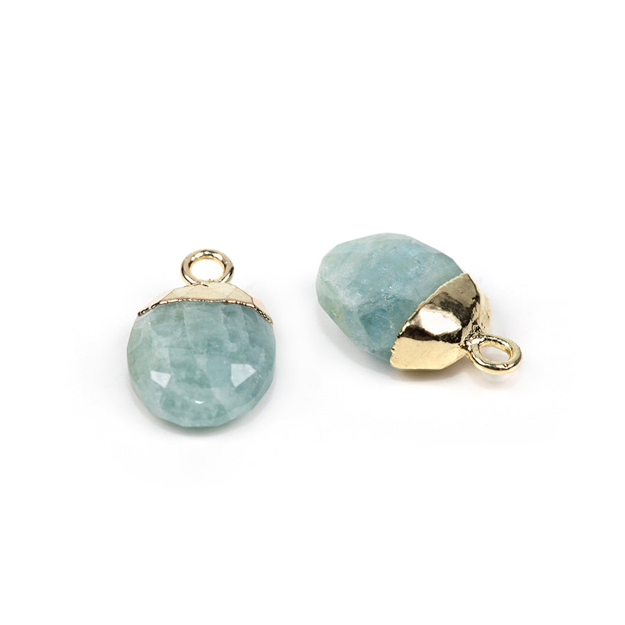 12.5mm Oval Gemstone Gold Electroplated Charm - Aquamarine (2 Pieces)
