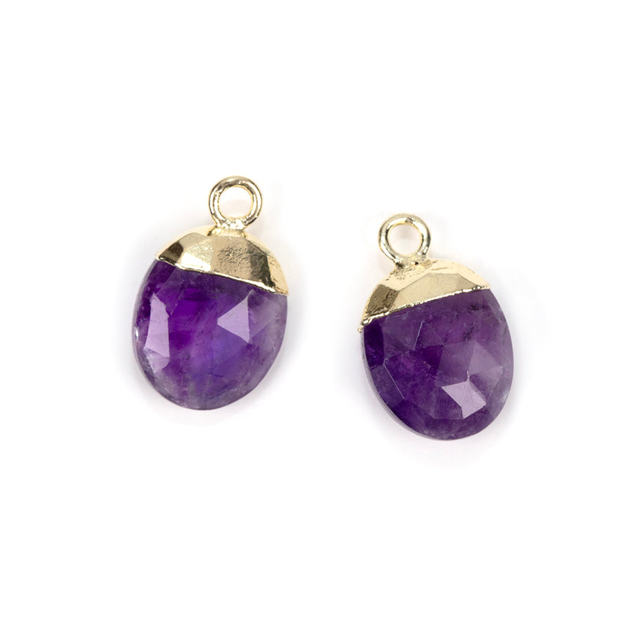 12.5mm Oval Gemstone Gold Electroplated Charm - Amethyst (2 Pieces)