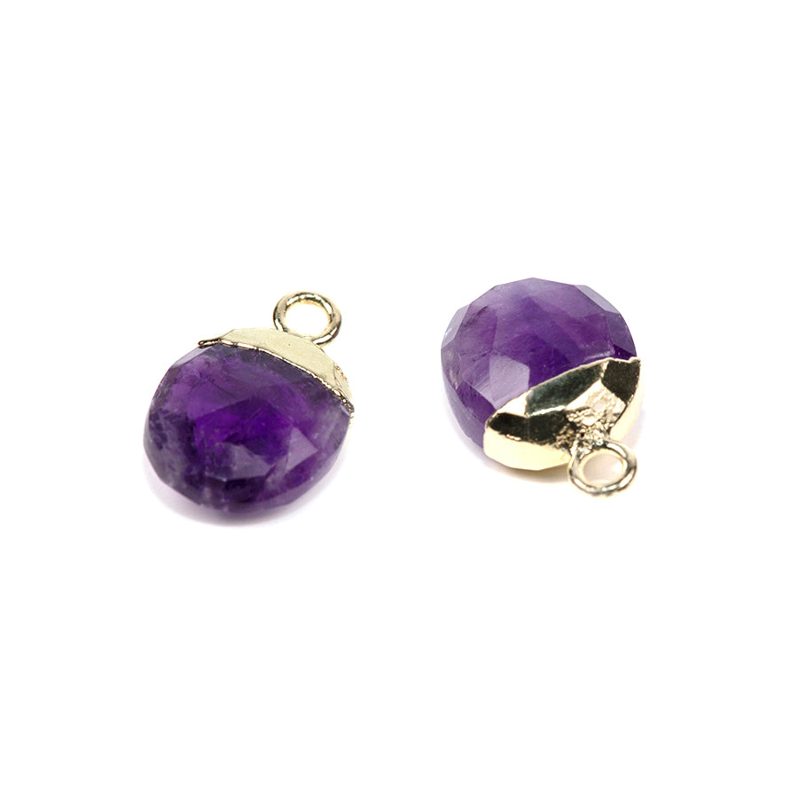 12.5mm Oval Gemstone Gold Electroplated Charm - Amethyst (2 Pieces)