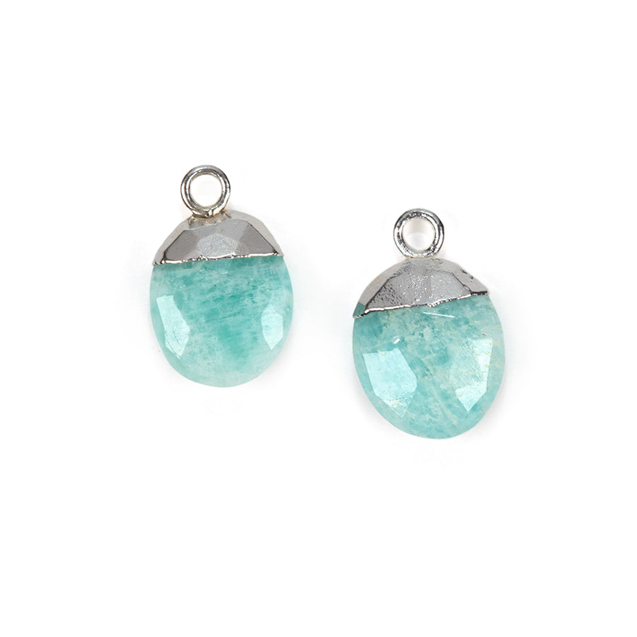 12.5mm Oval Gemstone Silver Electroplated Charm - Amazonite (1 Pair)
