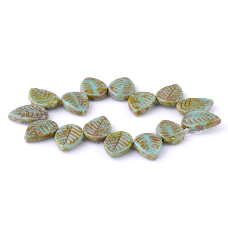 12x16mm Dogwood Leaves Czech Glass Beads - Tea Green with Picasso Finish