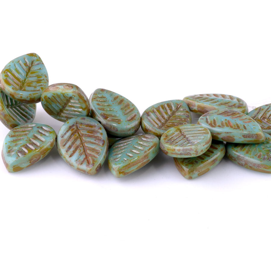 12x16mm Dogwood Leaves Czech Glass Beads - Tea Green with Picasso Finish