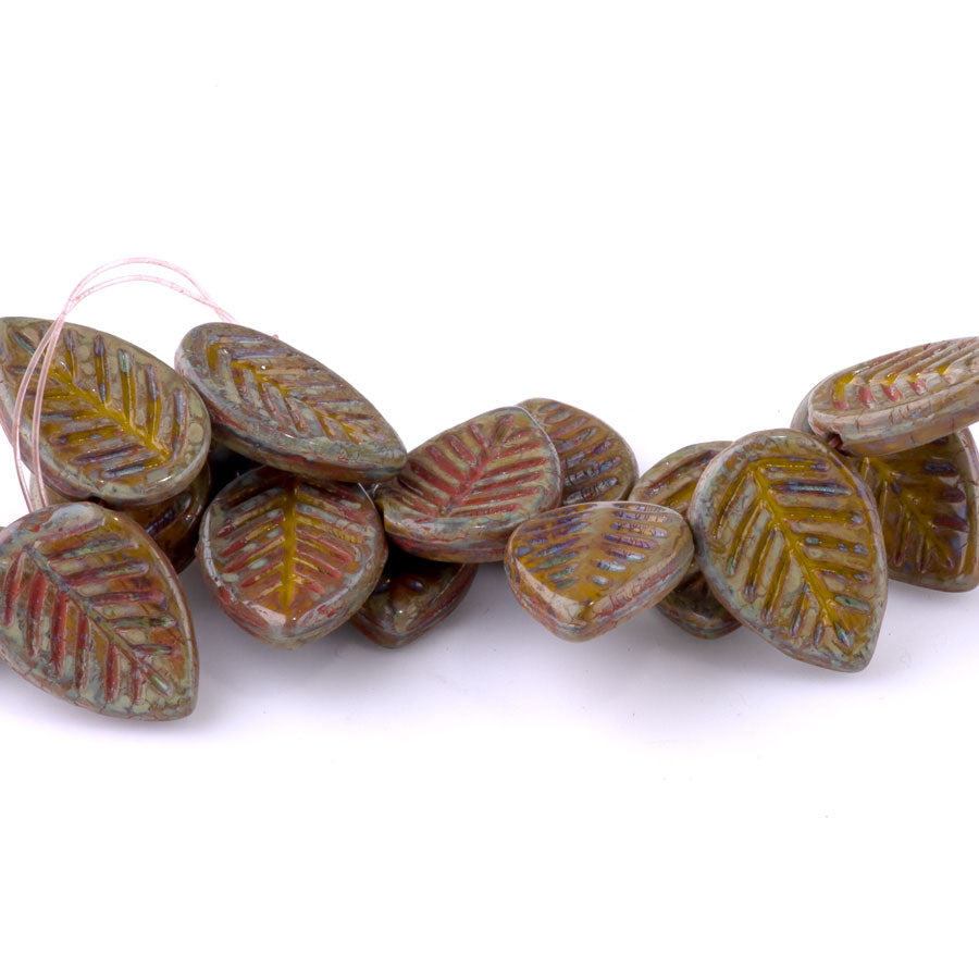 12x16mm Dogwood Leaves Czech Glass Beads - Artichoke with a Yellow Finish