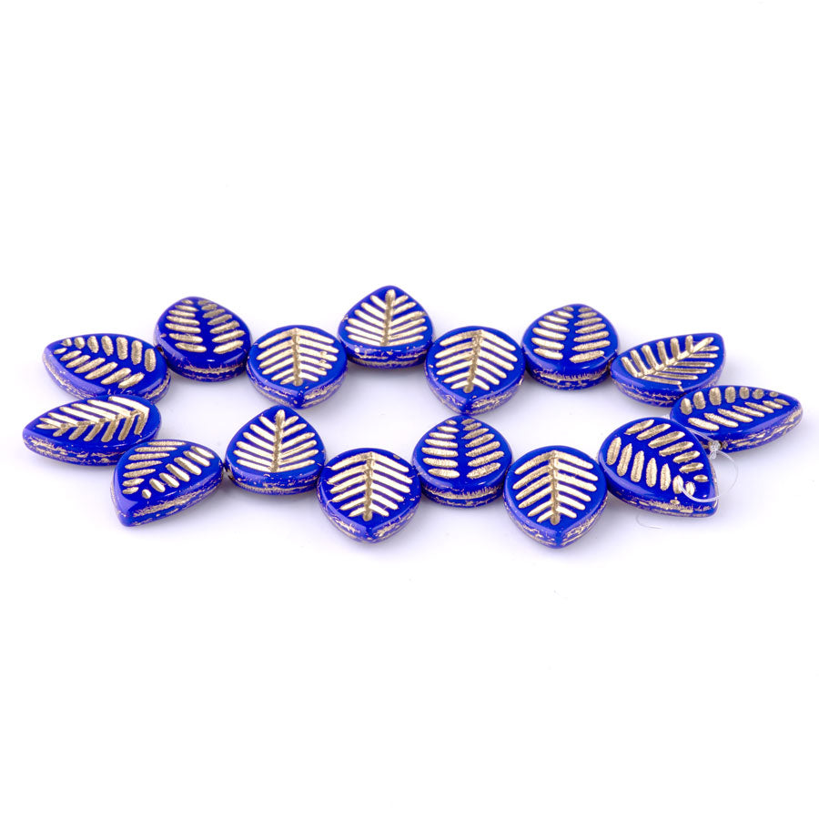 12x16mm Dogwood Leaves Czech Glass Beads - Indigo with Gold Wash