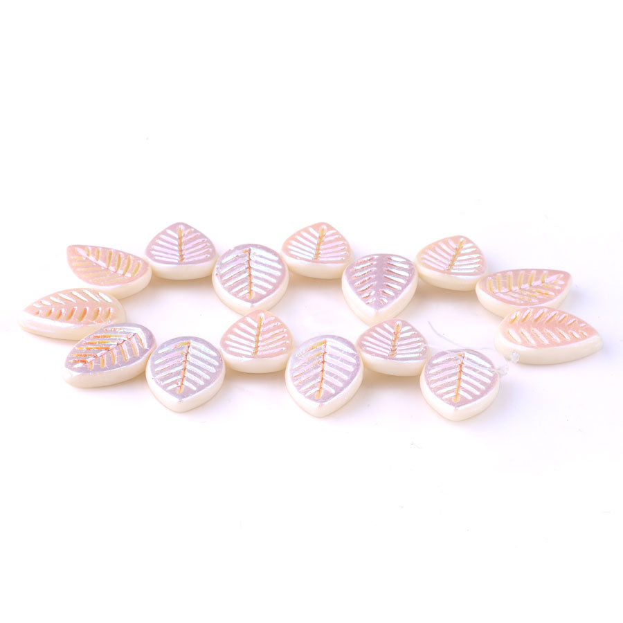 12x16mm Dogwood Leaves Czech Glass Beads - White with Matte AB Finish