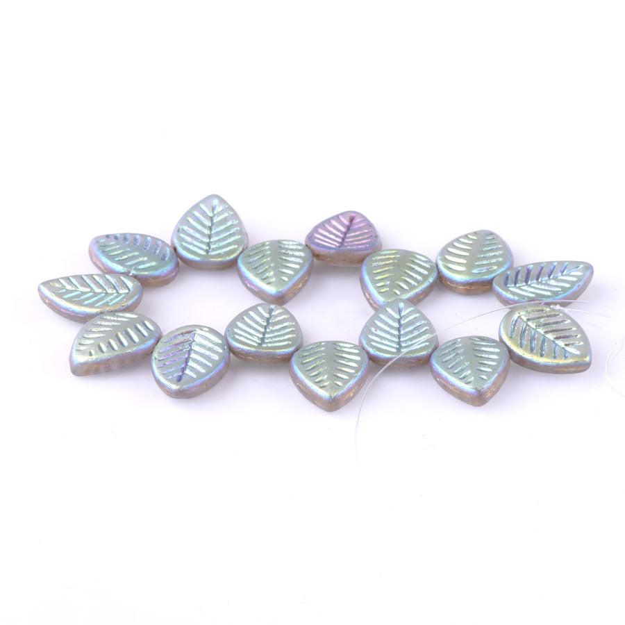 12x16mm Dogwood Leaves Czech Glass Beads - Transparent with Matte AB Finish and Gold Wash