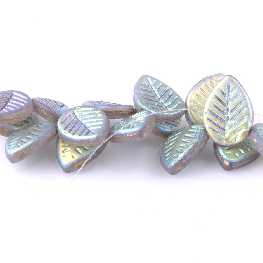 12x16mm Dogwood Leaves Czech Glass Beads - Transparent with Matte AB Finish and Gold Wash