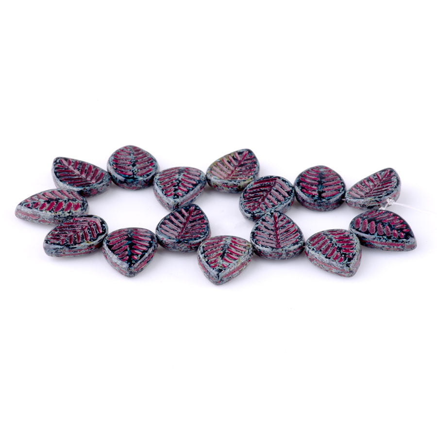 12x16mm Dogwood Leaves Czech Glass Beads - Black with Picasso Finish and a Red Wash